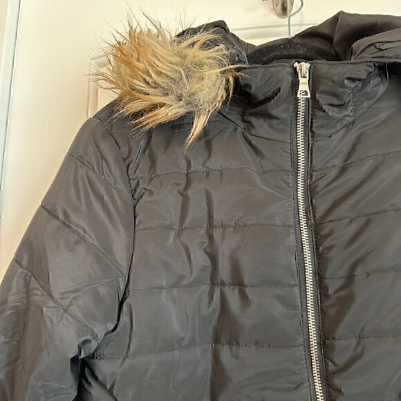 AMBIANCE classic black puffer jacket faux fur lined hood zip pockets women's M - Picture 3 of 9